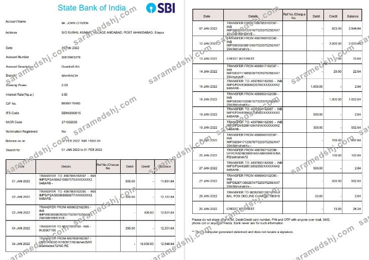 India State Bank of India (SBI) bank statement 2 pages
